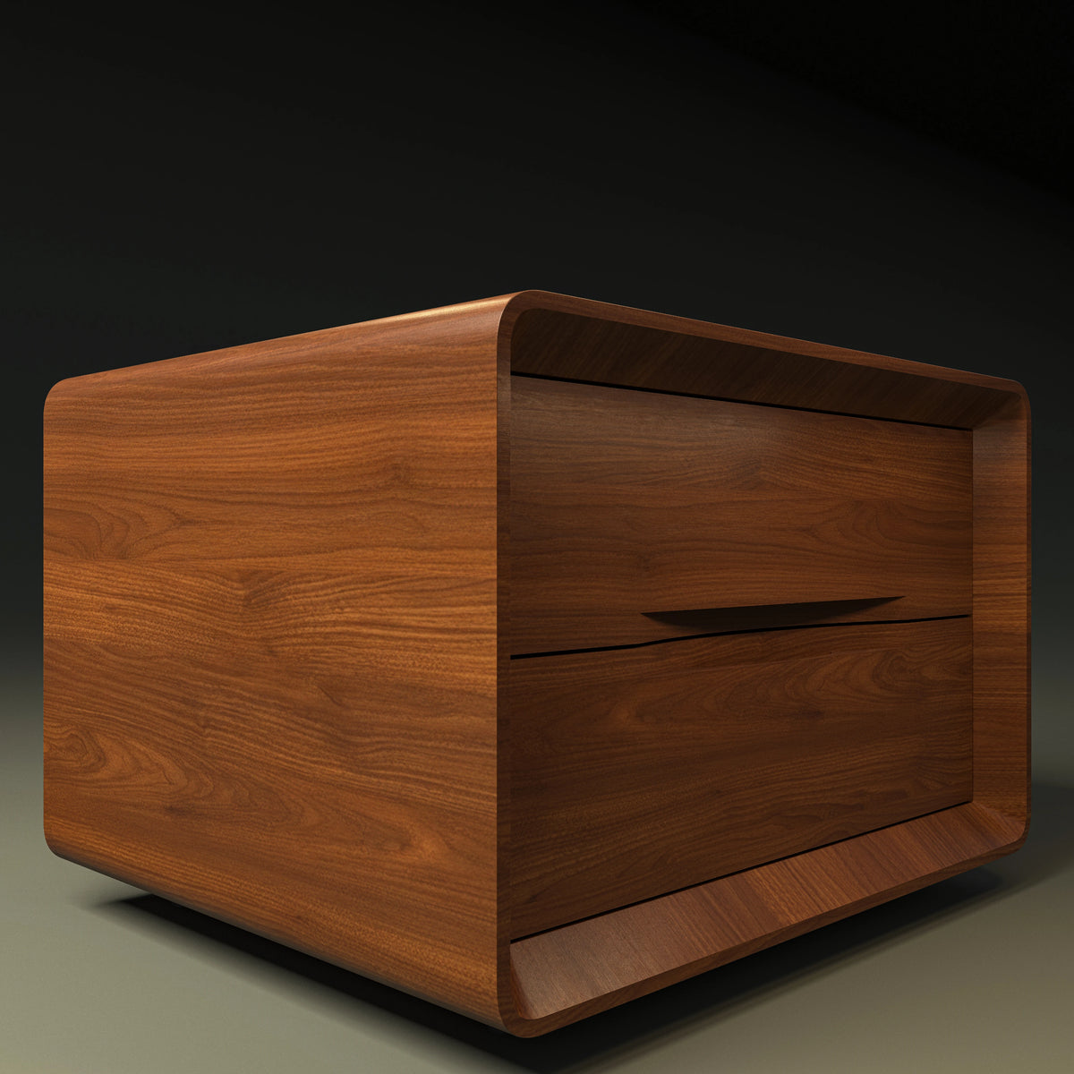 Close angled view of the Groove Nightstand showing its natural wood veneer grain, curved frame, and recessed groove handles.
