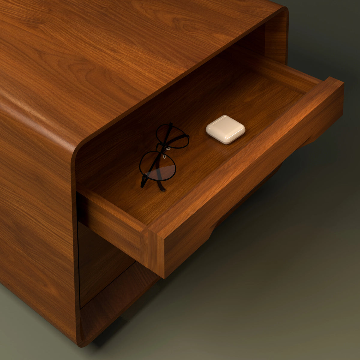 Groove wood veneer nightstand with an open drawer, showing the integrated horizontal handle and interior storage space.