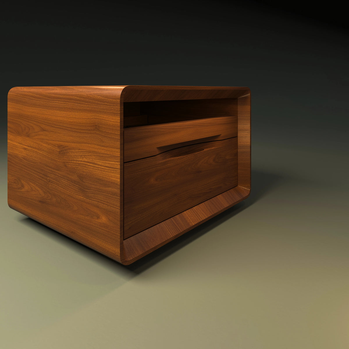 Angled view of the Groove Nightstand with a shallow upper tray, larger lower drawer, curved frame, and wood veneer finish.