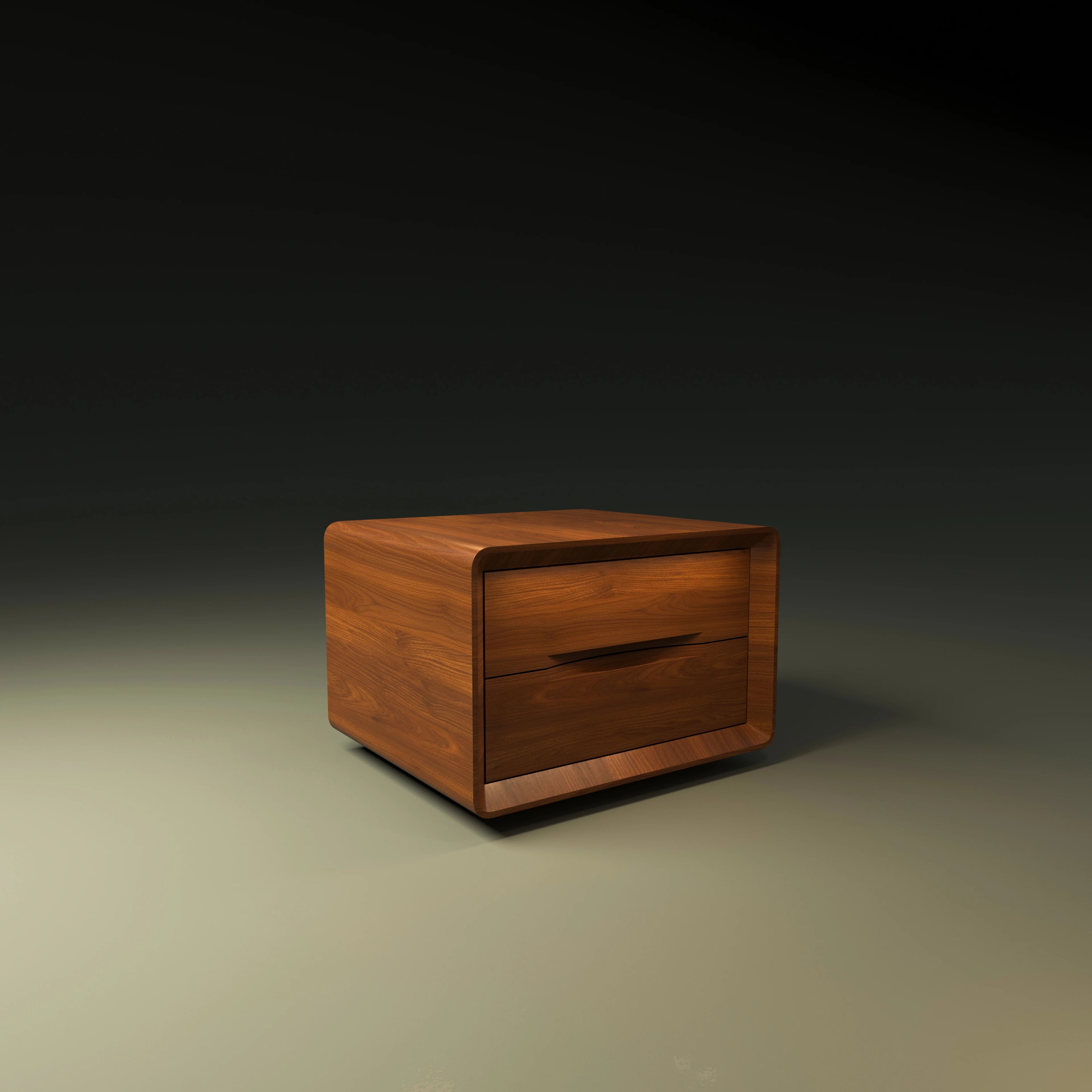 Groove Nightstand with two full-sized wood veneer drawers, horizontal integrated handles, and tapered inner edges.