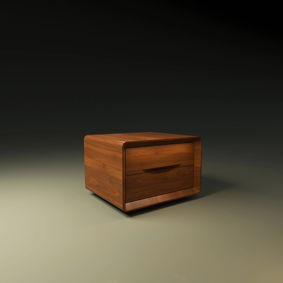Groove Nightstand with two full-sized wood veneer drawers, horizontal integrated handles, and tapered inner edges.