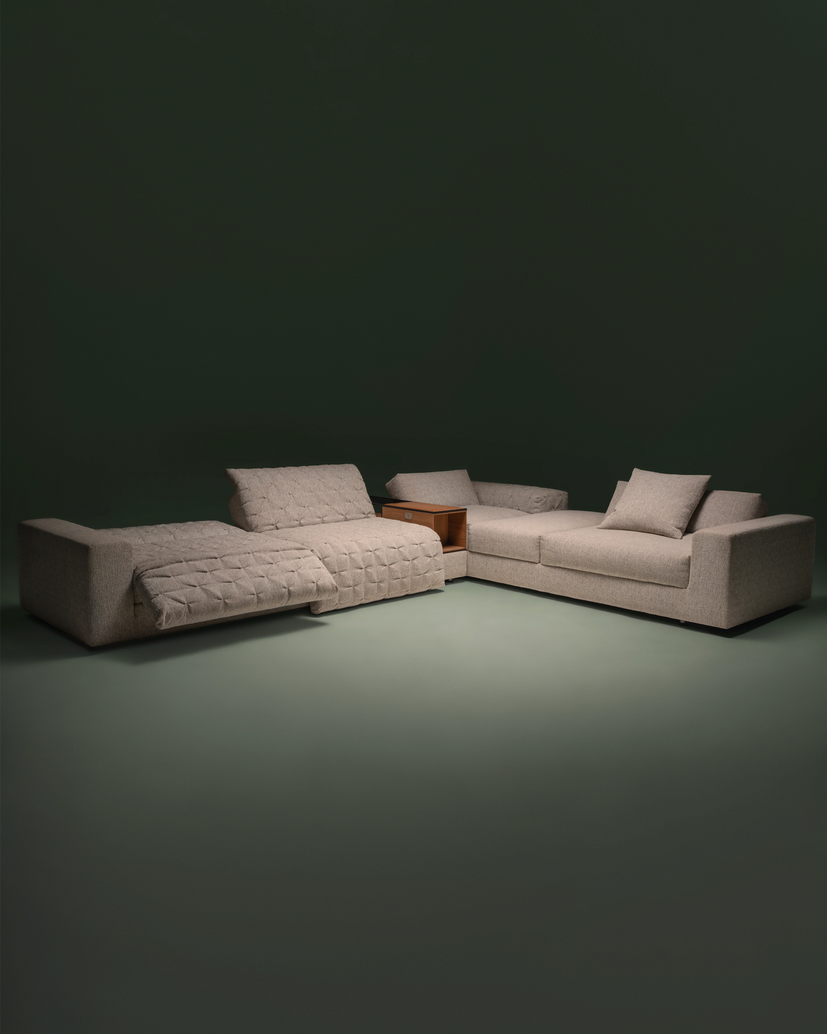 Lazy Nova sectional sofa in grey fabric with reclining seats and electronic controls, designed for full 180-degree comfort.
