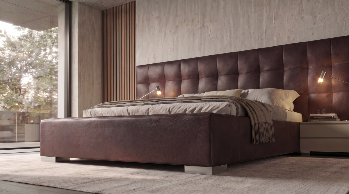 Low-angle view of the dark brown Square bed highlighting its padded platform and extended square-grid upholstered cladding.