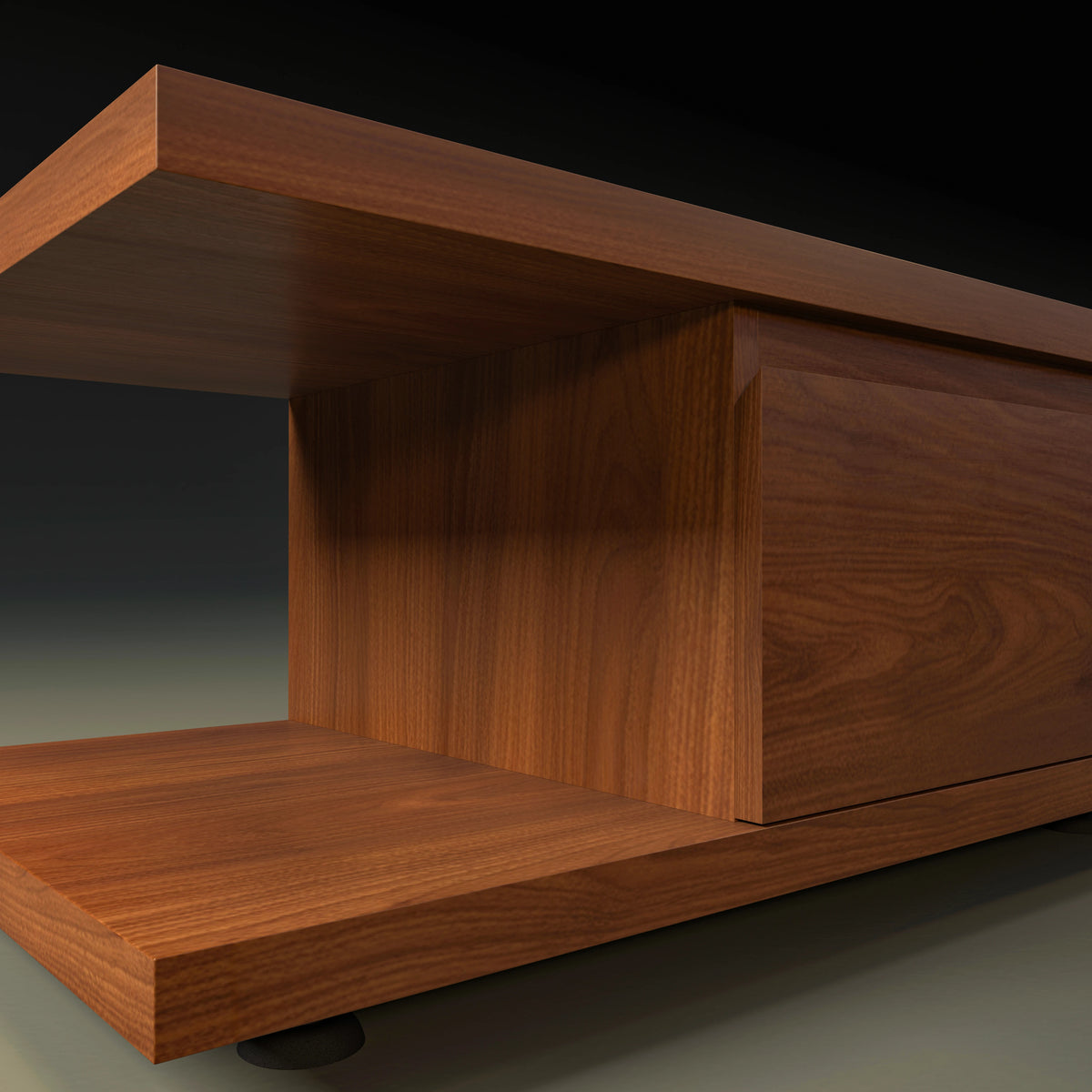 Close-up of the Nook Nightstand showing its open side compartment, wood veneer interior, and adjacent drawer unit.