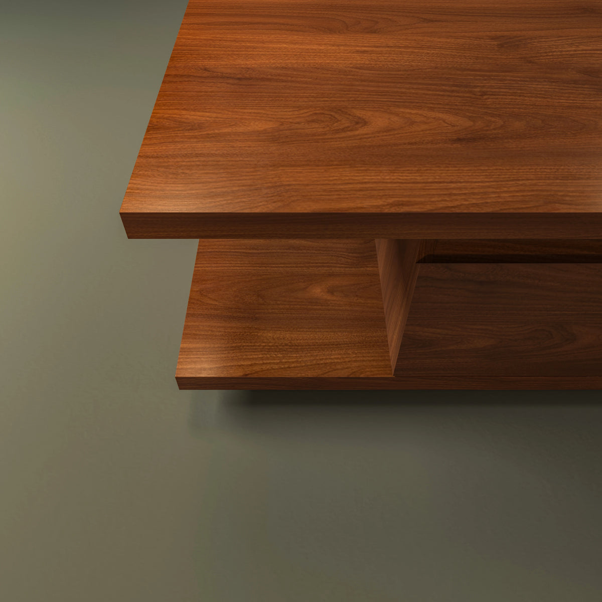 Top view of the Nook Nightstand highlighting its wood veneer grain, extended surfaces, and open side compartment.