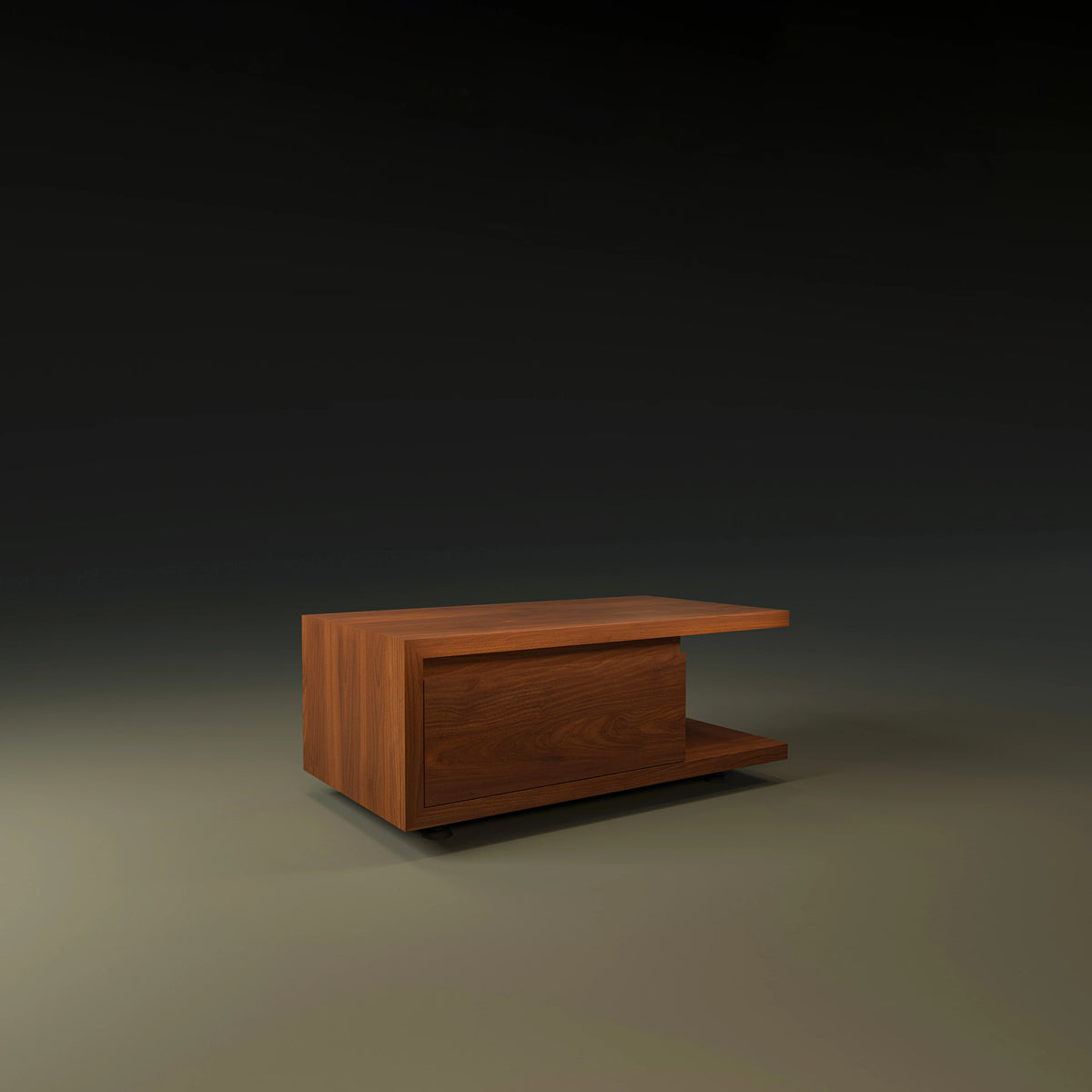Nook Nightstand in wood veneer with a smooth drawer front, concealed handle, and open compartment along one side.