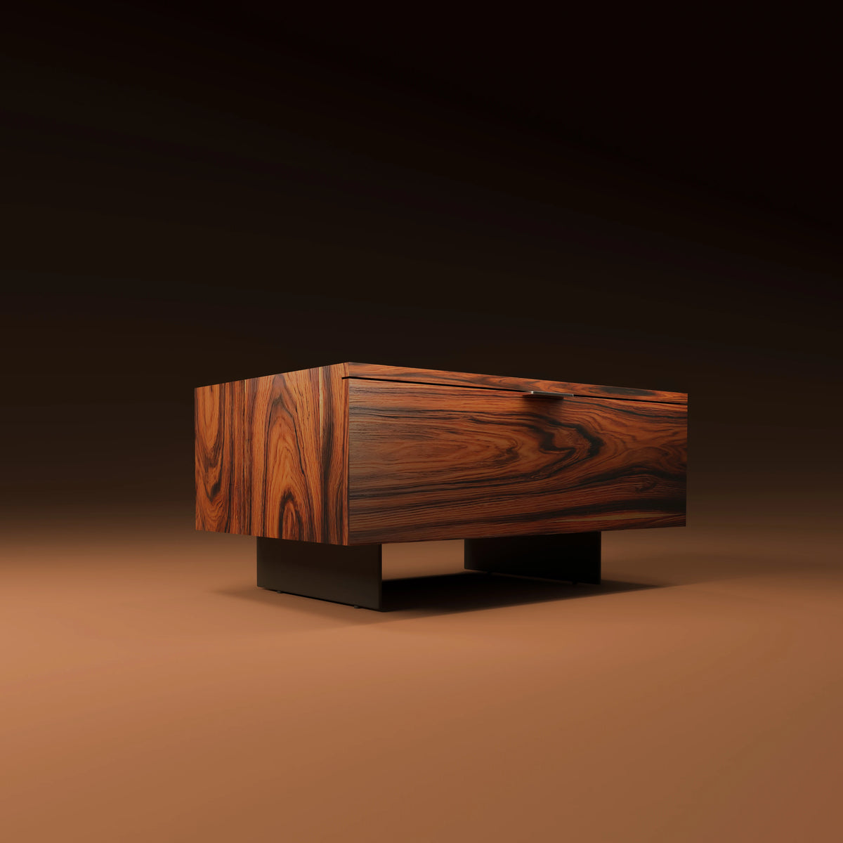 Pali Nightstand with palisander veneer, a slim stainless steel drawer handle, and an elevated electrostatic-coated metal base.
