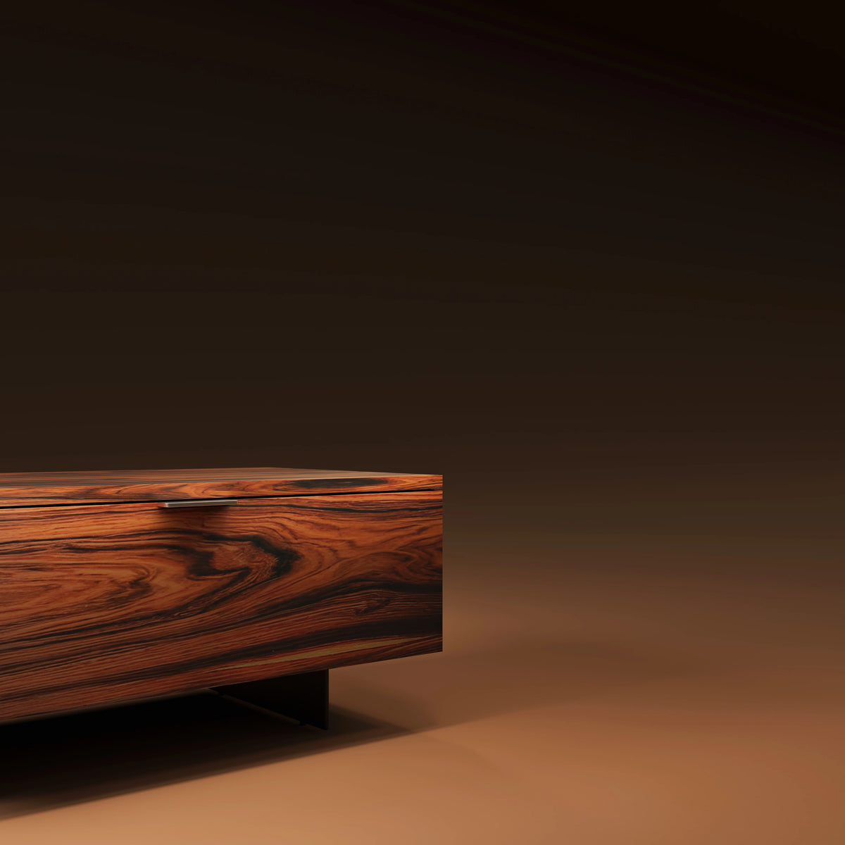Close front view of the Pali Nightstand showing its palisander veneer grain, slim metal handle, and elevated dark metal legs.