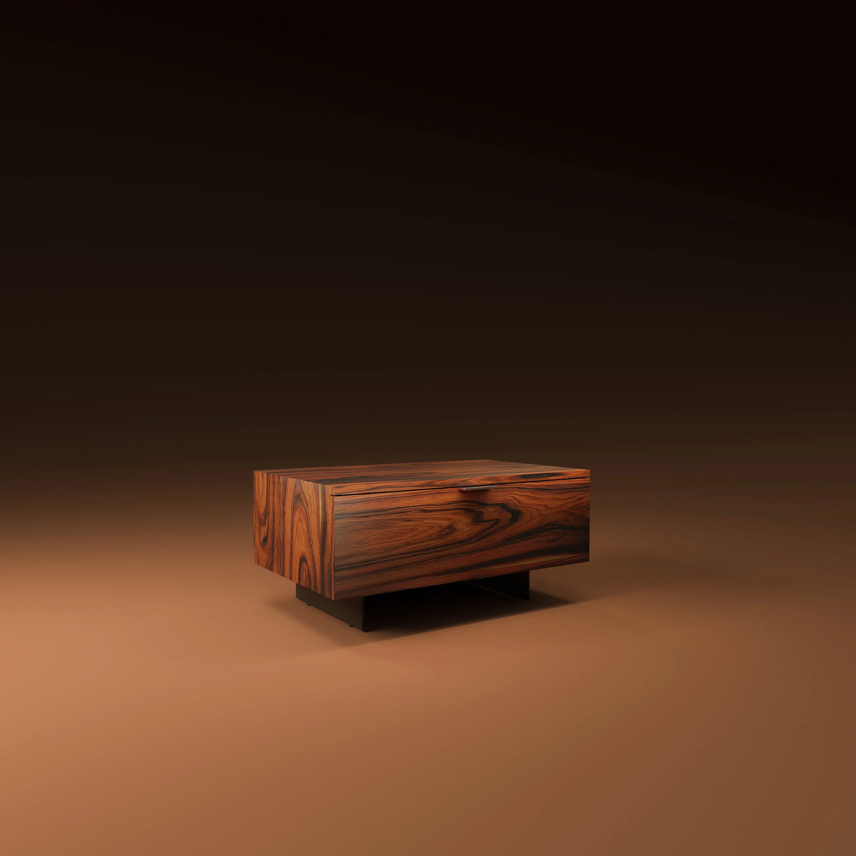Pali Nightstand in palisander veneer with a directional wood grain, stainless steel handle, and electrostatic-coated metal legs.
