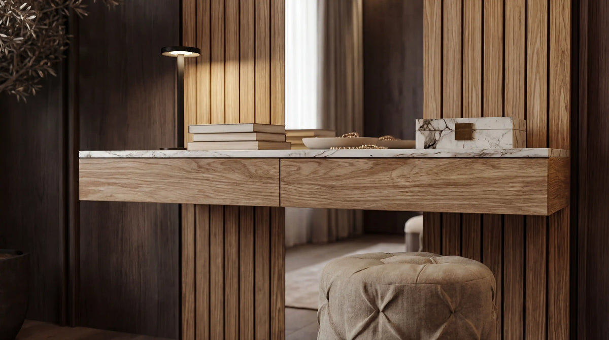 Close-up of the Raft dresser featuring vertical oak slats, a marble laminate top, and aligned wood veneer drawer fronts.