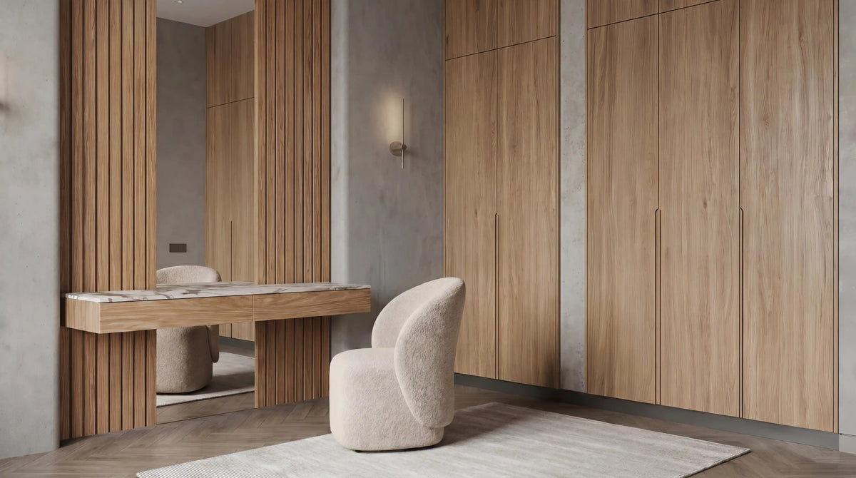 Raft modular dresser with natural oak slats, a marble-topped elevated drawer, and wood veneer fronts in a modern neutral interior.