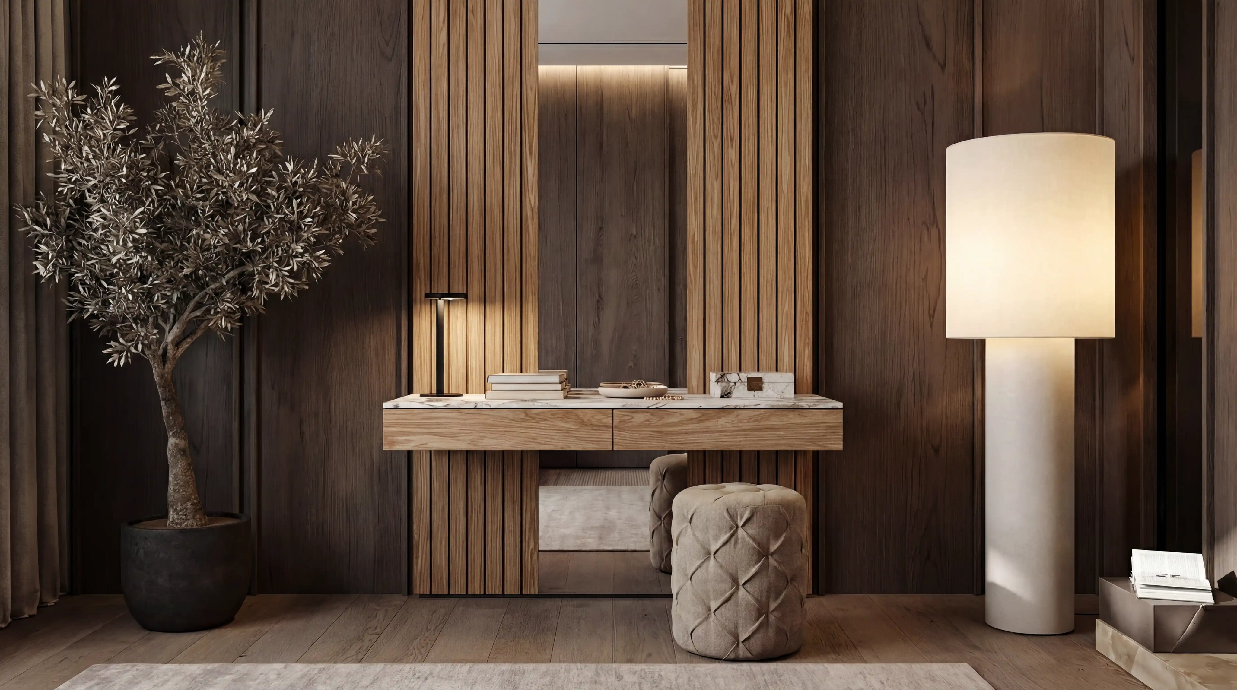 Raft modular dresser with vertical oak slats, dark cladding, and elevated marble-topped drawers in a contemporary interior.