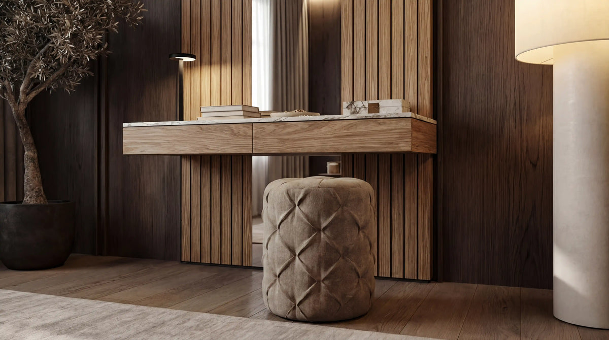 Raft modular dresser with vertical oak slats, dark wall cladding, and an elevated drawer with a marble laminate top.