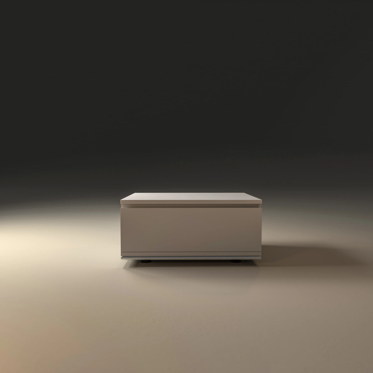Rear view of the white Spade Nightstand highlighting its grounded form and slim stainless steel base tubing.