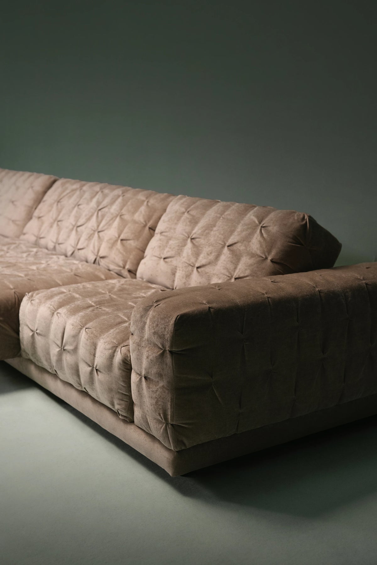 Front-side view of Ro-Blocks showing block arm, hand-stitched pleating, and low profile.
