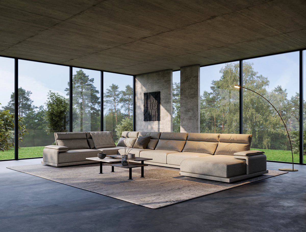 Beige Flexor corner sectional sofa with adjustable headrests, lumbar cushions, a chaise longue, and padded armrests.