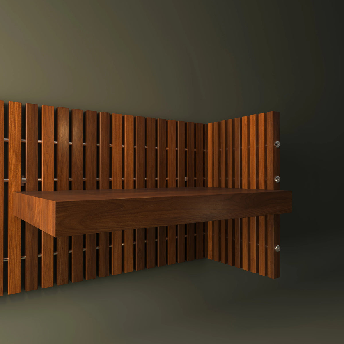 Side view of the Cove wood veneer nightstand mounted within a coordinating vertical slatted headboard.