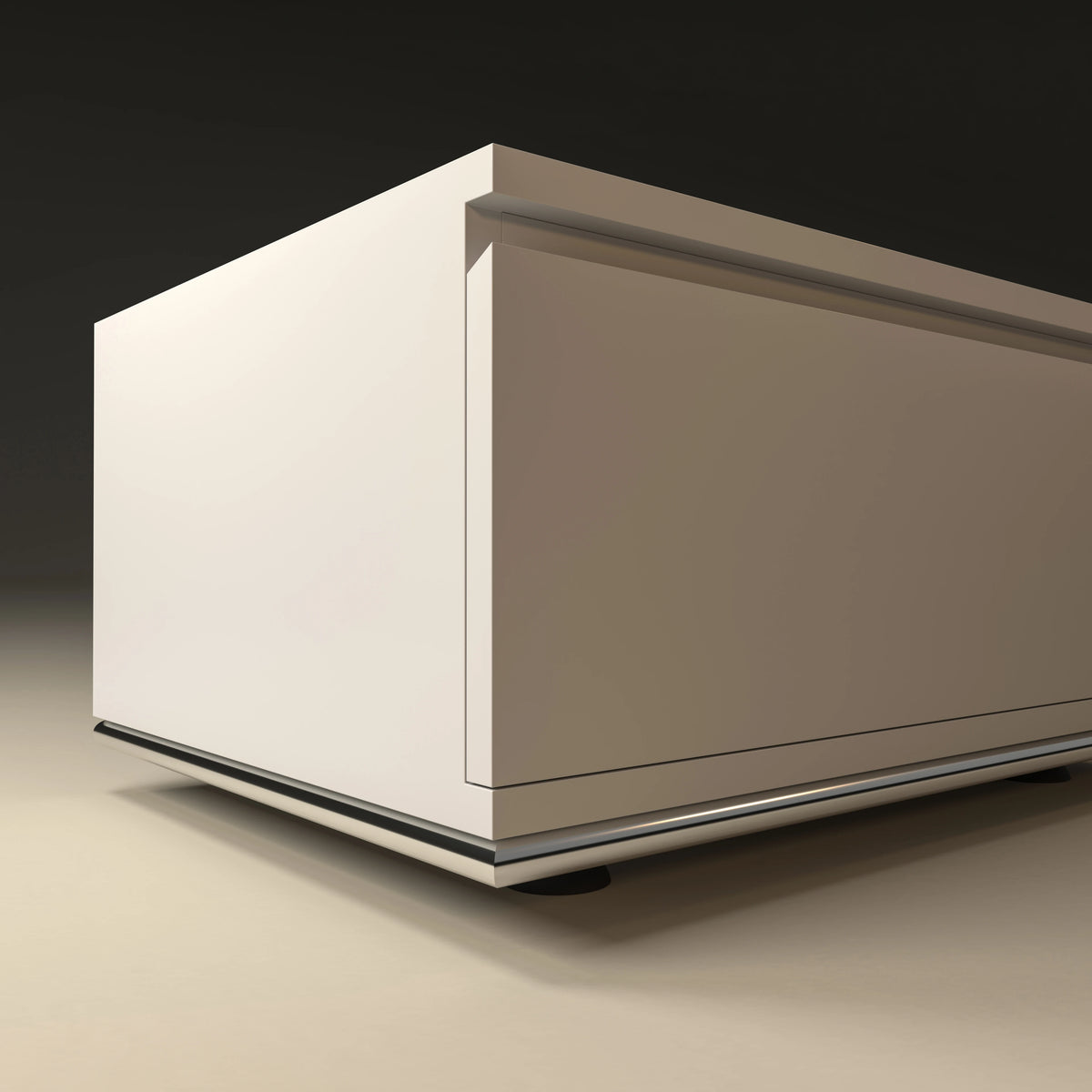 Close angled view of the white Spade Nightstand showing its two drawers and stainless steel tubing around the base.
