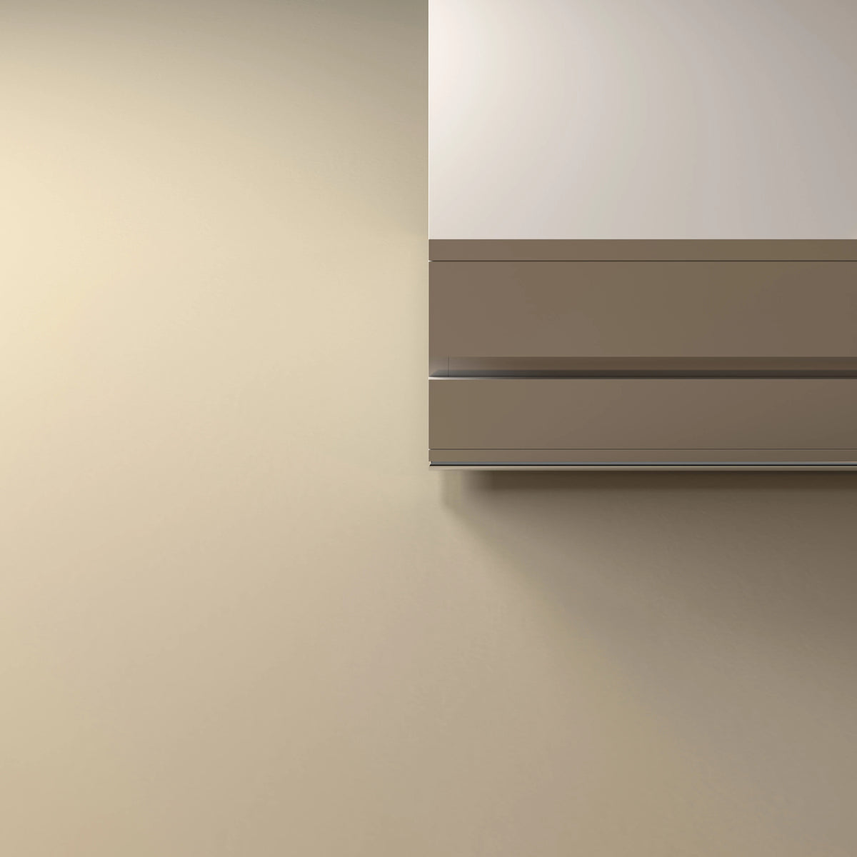 Close-up of the Spade Nightstand showing its two white drawers, concealed tapered handles, and slim metal base.