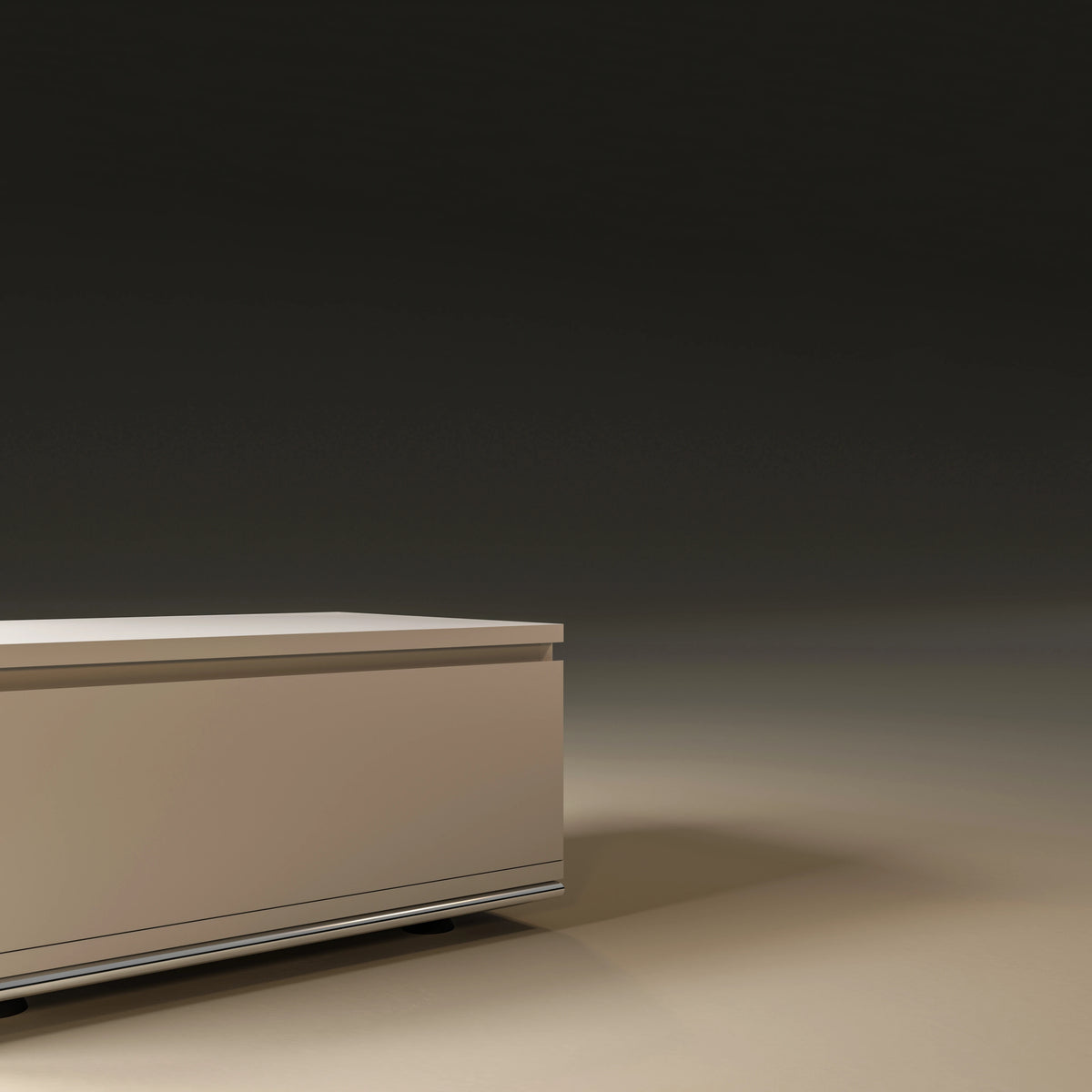 Close-up of the Spade Nightstand showing its white painted surface, tapered drawer profile, and metal base detail.