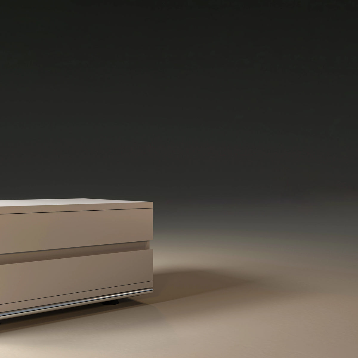 Close front view of the Spade two-drawer nightstand highlighting the concealed handles and tapered drawer edges.