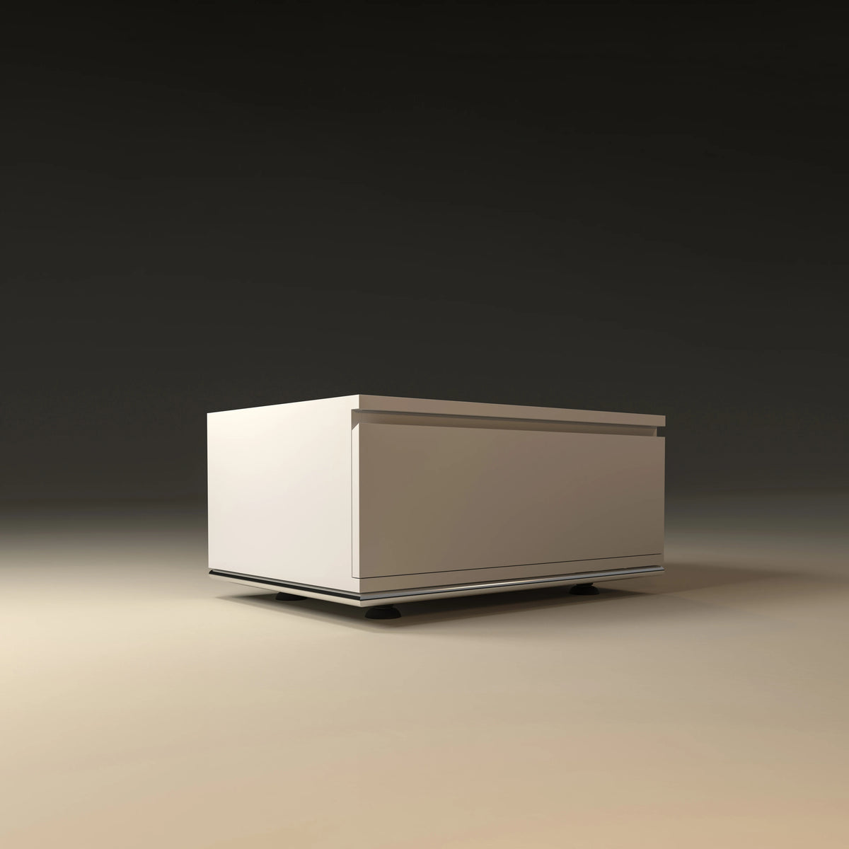Angled view of the white Spade Nightstand with two drawers, concealed handles, and optional stainless steel base tubing.