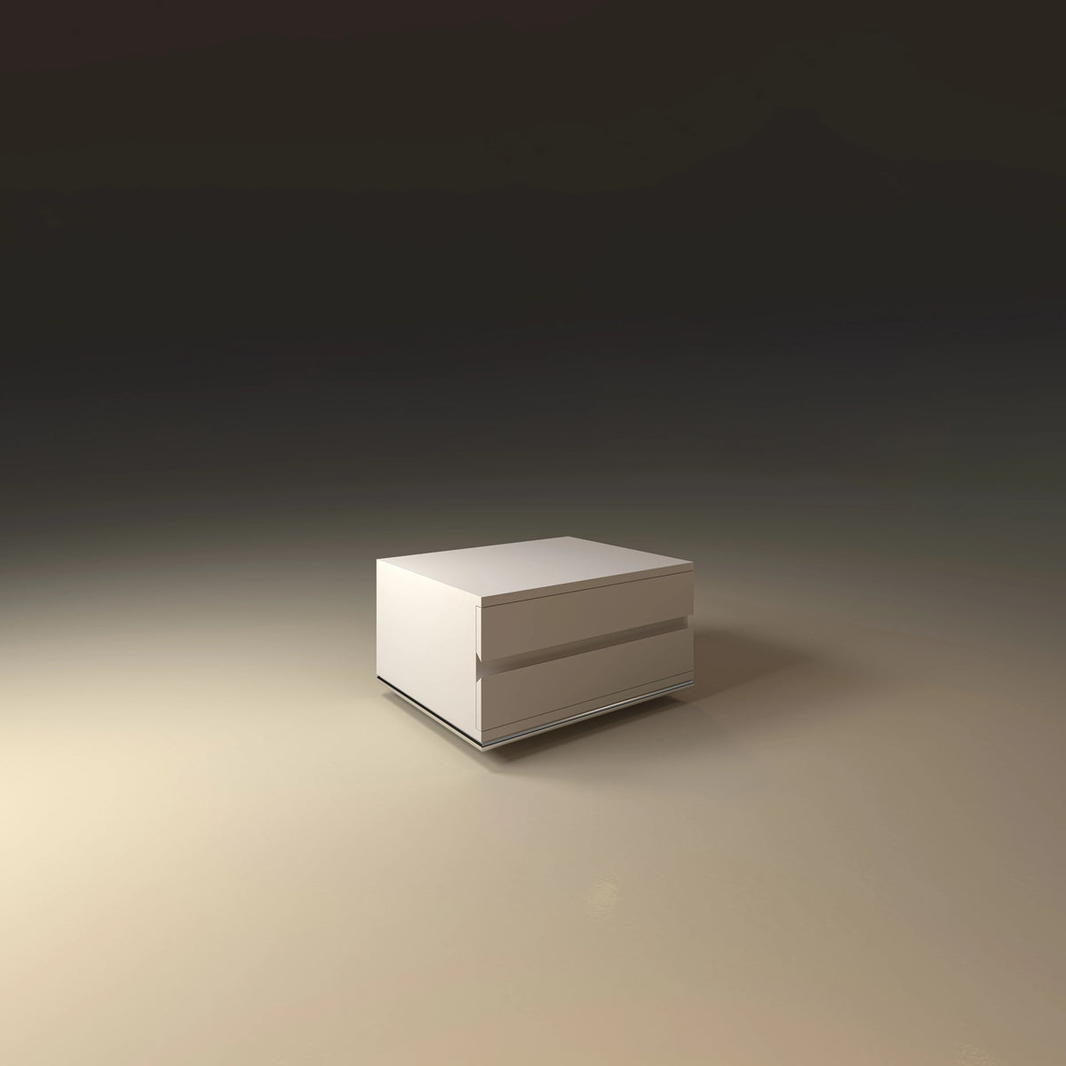 Spade two-drawer nightstand in a white painted finish with a grounded profile and slim stainless steel base detail.